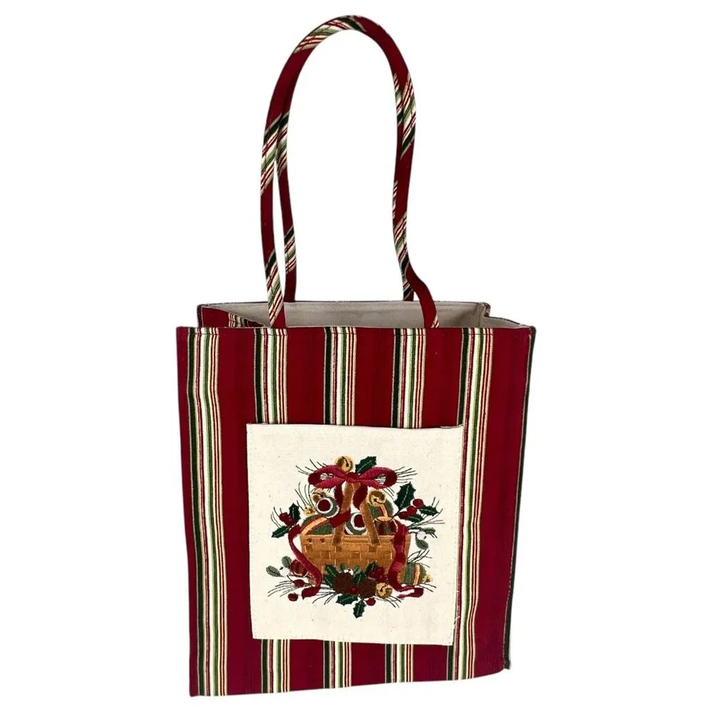 New 2005 Longaberger Basket Holiday Tote Bag Fabric Purse Stripe Embroidered VTG